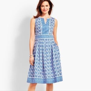 Talbots Geo Mixed Print Fit Flare Dress Size 2P Blue White